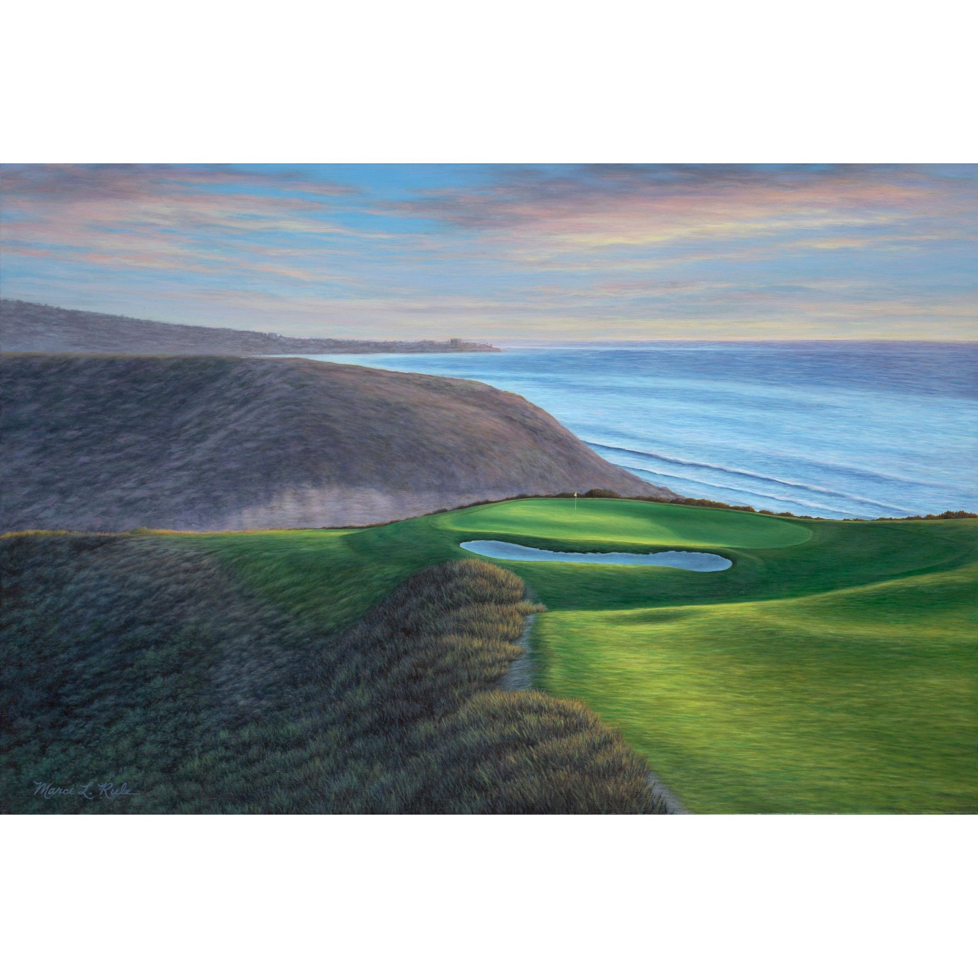 Torrey Pines #3, South Course is a beautiful par 3 golf landscape on the cliffs overlooking the Pacific Ocean with a sunset in the background.